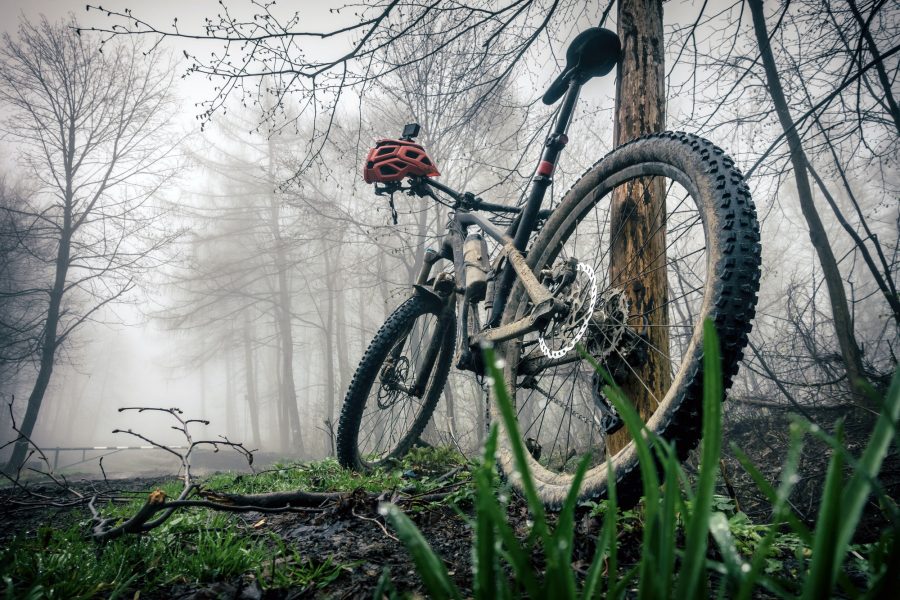 Mountain bike and helmet in autumn woods