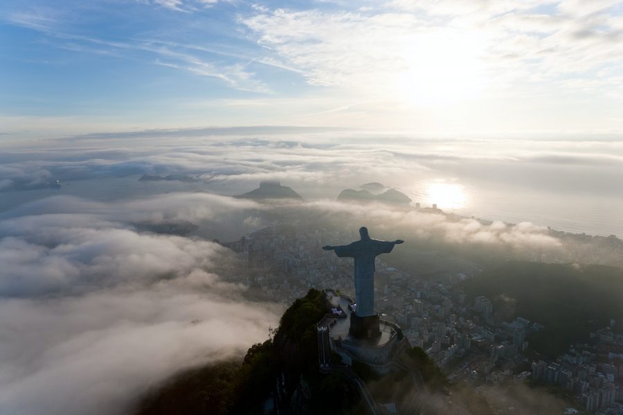 View of the Art Deco statue of Christ the Redeemer on Corcovado mountain in Rio de Janeiro, Brazil.